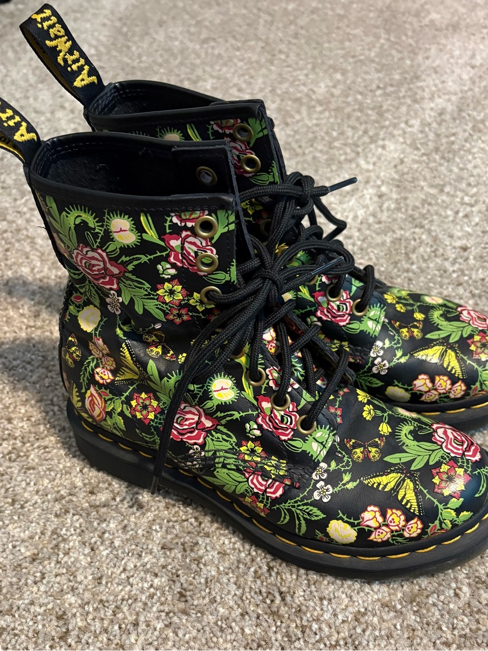 Dr. Martens Black Floral Lace-Up Boots with Green and Pink Accents